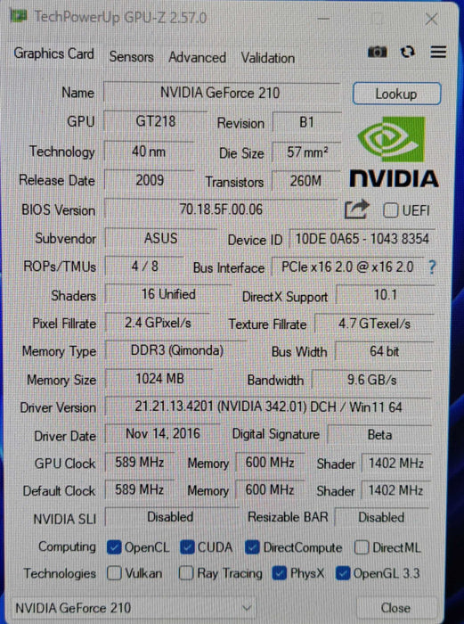 ASUS NVIDIA GeForce 210 (EN210) 1GB DDR3 PCIe Silent Video Card Q
