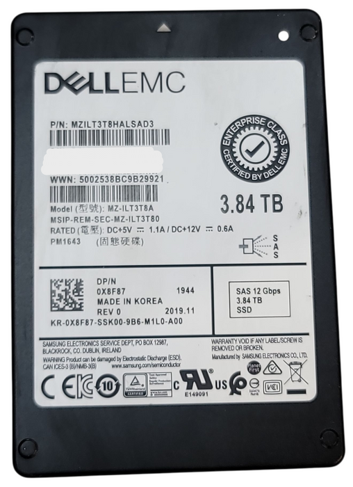 3.84TB SAS 2.5" 12Gb/s Samsung PM1643 NetApp compatible Server SSD - MZ-ILT3T8A