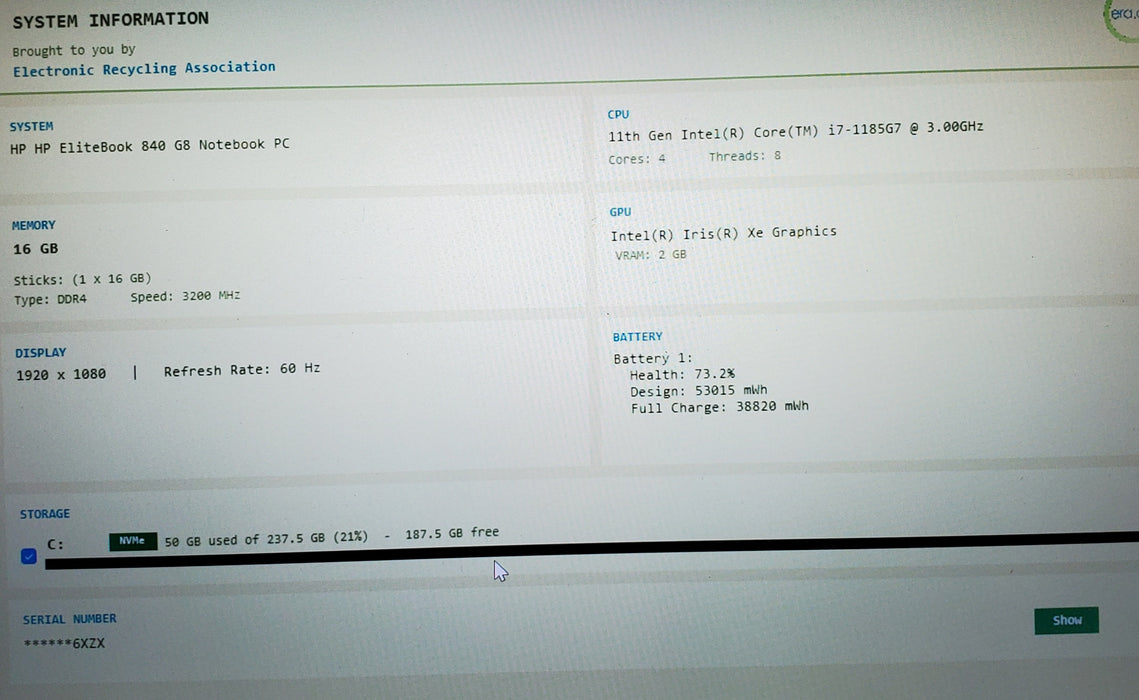 HP EliteBook 840 G8 i7-1185G7 16GB DDR4 256GB NVMe READ