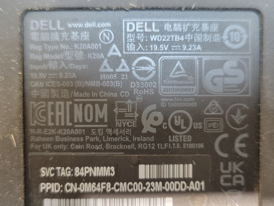 Lot of 2x Dell WD22TB4 K20A001 Docking Station TB4 USB C Only