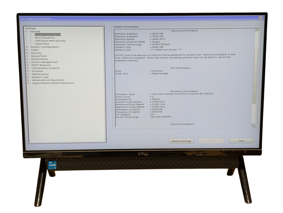 DELL Inspiron 5400 AIO 24 inch Intel Core i3-1115G4 8GB RAM 256GB NVMe