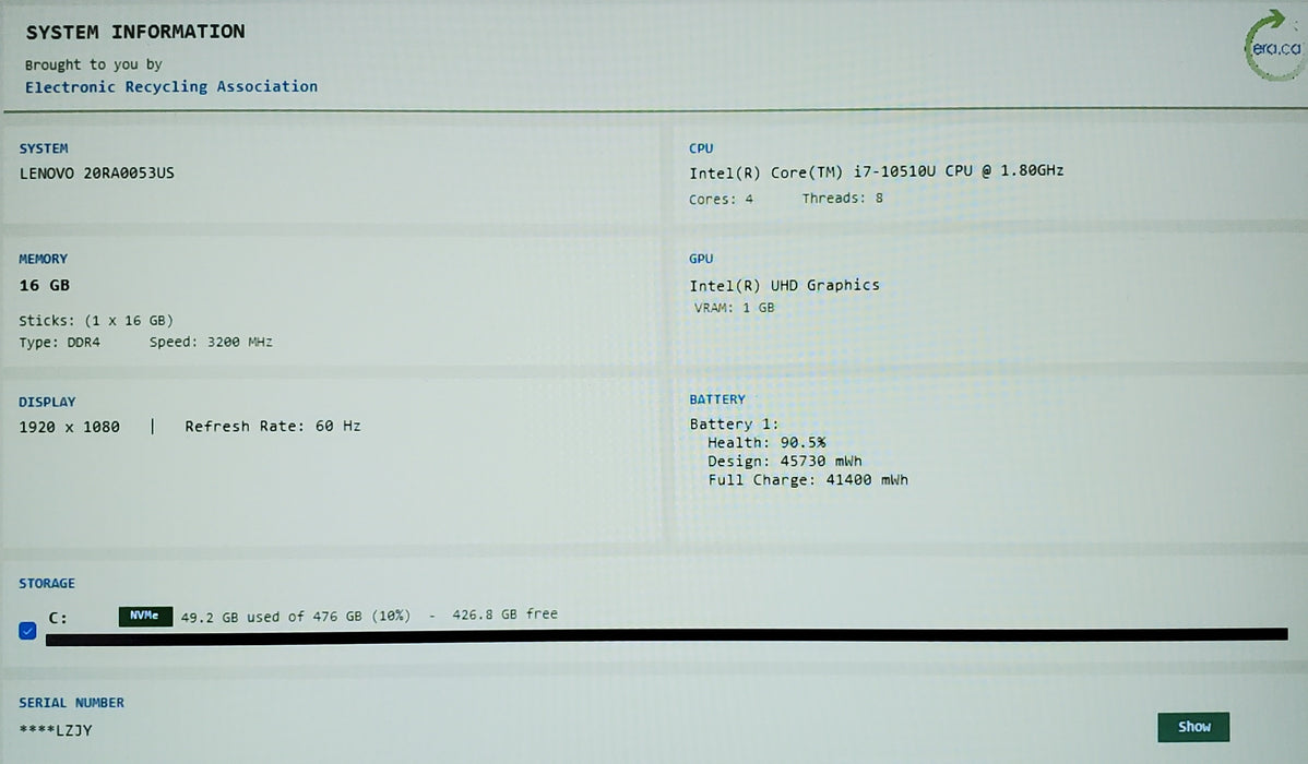 Lenovo ThinkPad E14 Gen 1 Core i7-10510U 1.80GHz 16GB RAM 256GB SSD