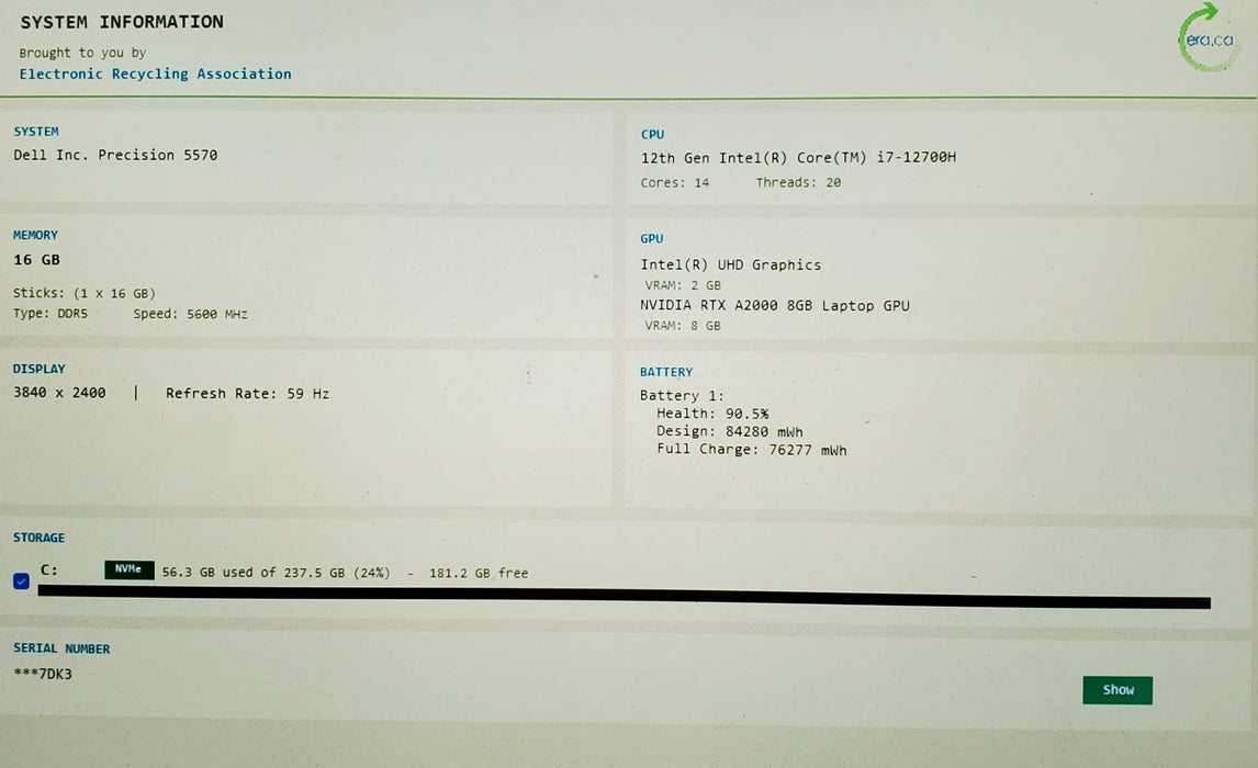 Dell Precision 5570 4K TOUCH i7-12700H RTX A2000 8GB GPU 16GB 256SSD