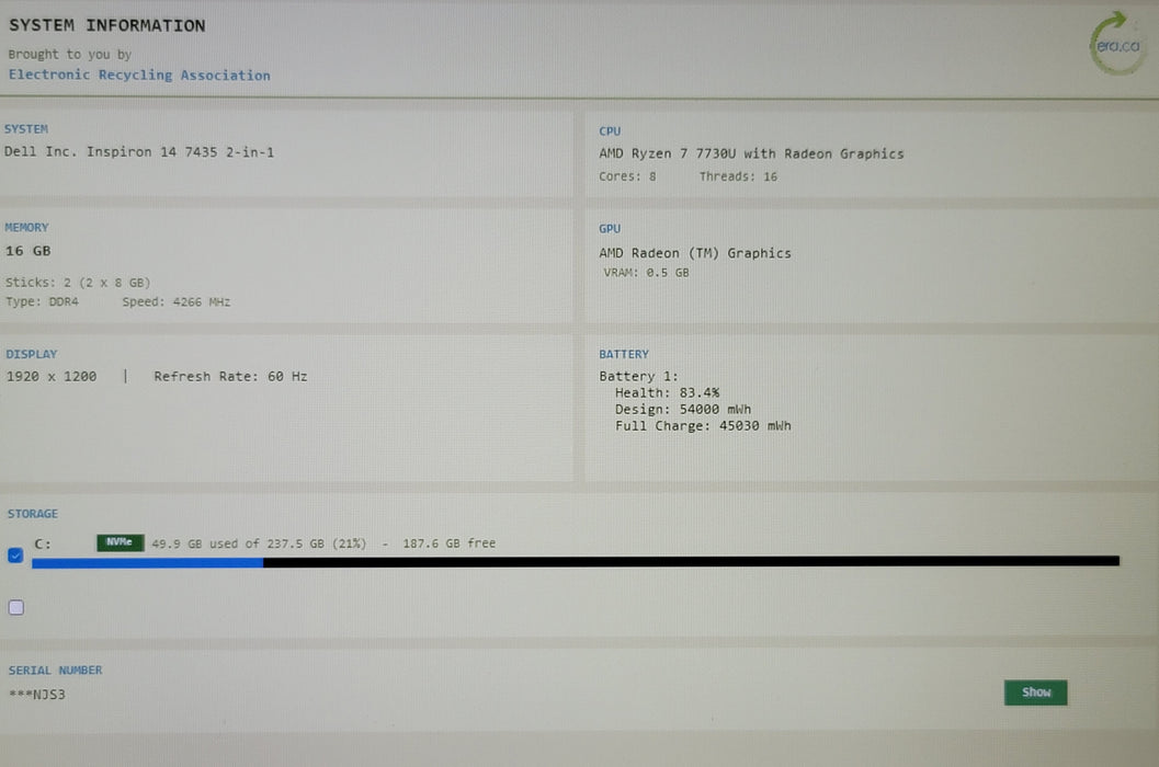 Dell Inspiron Ryzen 7 7730U 16GB DDR4 256GB NVMe