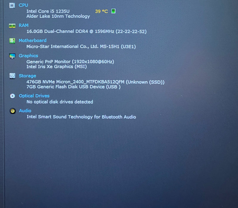 MSI Modern 15 B12M Core i5-1235U 1.30GHz 16GB RAM 512GB SSd