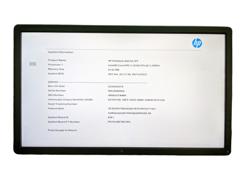 HP EliteDesk 800 G4, Intel Core i7-8700 @ 3.20GHz, 8GB RAM - NO HDD