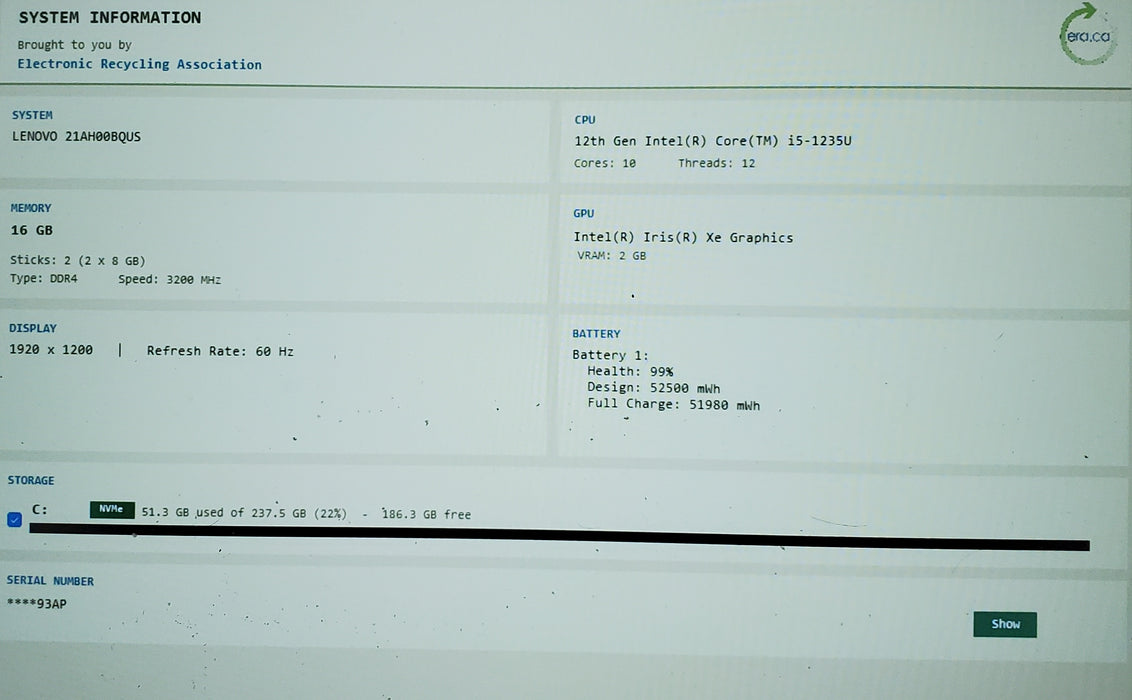 Lenovo ThinkPad T14 Gen 3 i5-1235U 16GB RAM 256GB SSD
