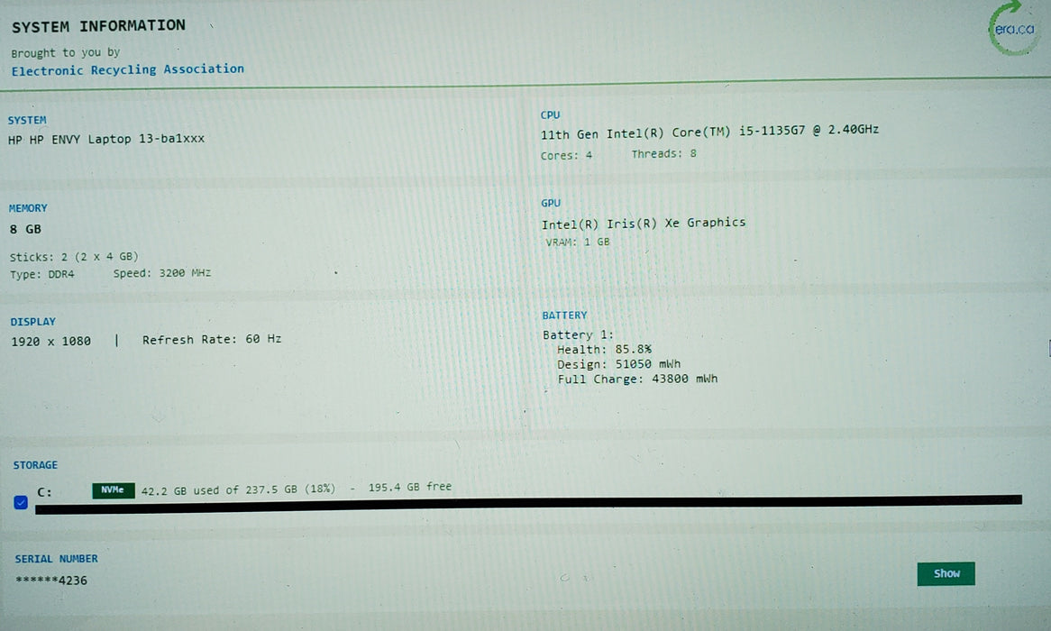 HP Envy 13-BA10001ca 13.3" i5-1235U 2.4GHz 8GB RAM 256GB SSD