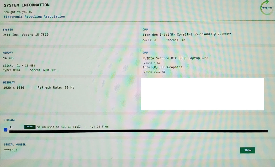 Dell Vostro 15 7510 i7-11400H 16GB RAM 512GB SSD RTX 3050 READ