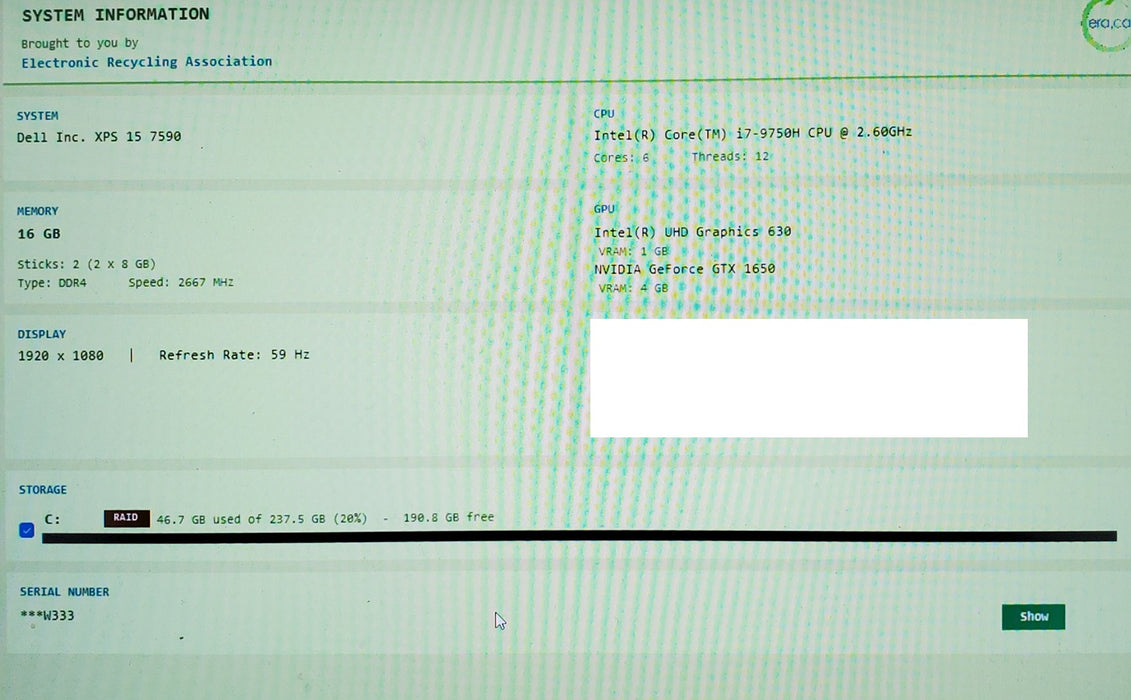 Dell XPS 15 7590 15" i7-9750H GTX1650 4GB GPU 16GB RAM 256GB SSD