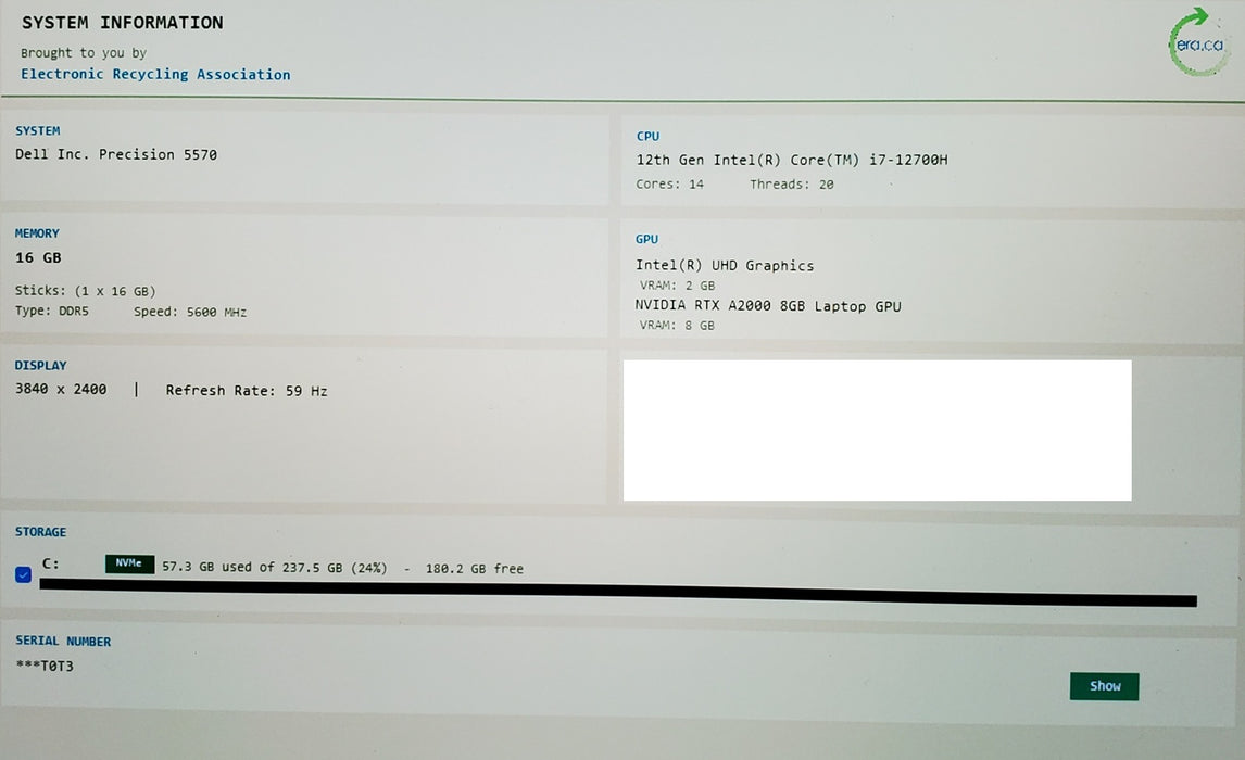 Dell Precision 5570 4K TOUCH i7-12700H RTX A2000 8GB GPU 16GB 256 SSD