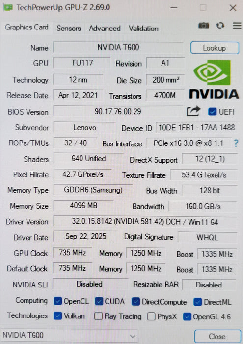 NVIDIA Quadro T600 4GB GDDR6 Graphics Card - 4xMiniDP