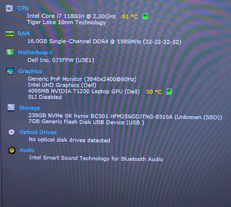Dell Precision 5560 4K TOUCH i7-11800H NVIDIA T1200 4GB GPU 16GB RAM 256SSD READ