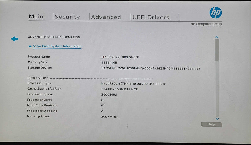 HP EliteDesk 800 G4 SFF, i5-8500 3.00GHz 6C, 16GB DDR4, 256GB NVMe
