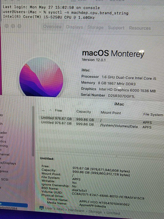 Apple iMac 21.5\\" A1418 2015 Core i5-5250U 1.60GHz 8GB RAM 1TB HDD Monterey