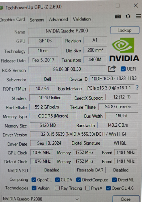 Nvidia Quadro P2000 5GB GDDR5 PCIe 4x Display Port Graphics Card