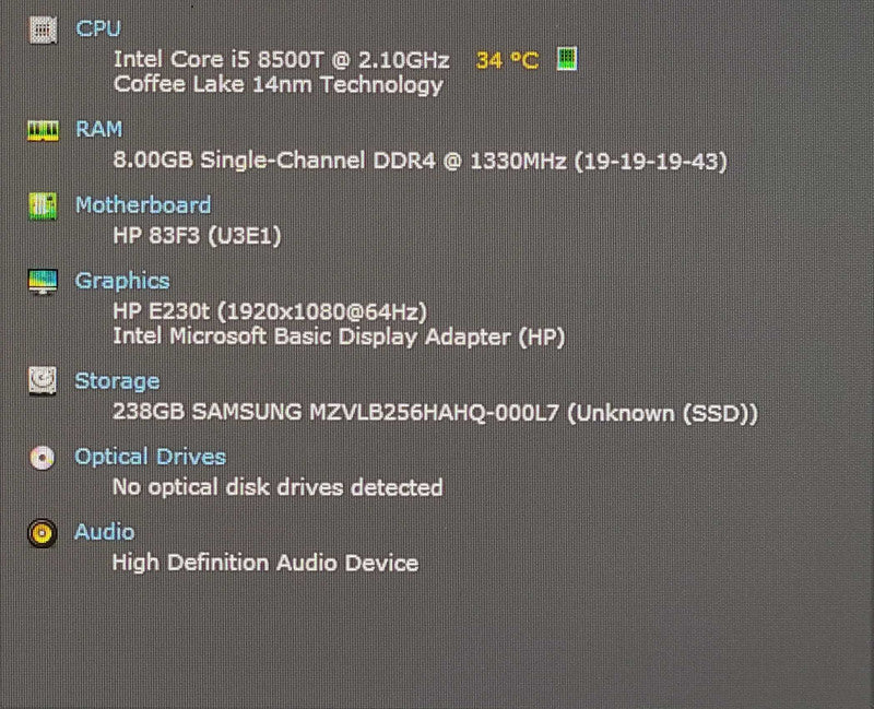 HP ProDesk 400 G4 USFF, i5-8500T 2.10GHz 6C, 8GB DDR4, 256GB Nvme, WiFi