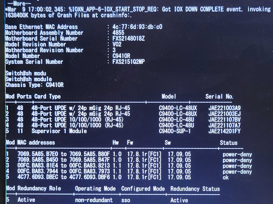 Cisco Catalyst C9410R 1x C9400-SUP-1, 2x C9400-LC-48UX, 2x C9400-LC-48U