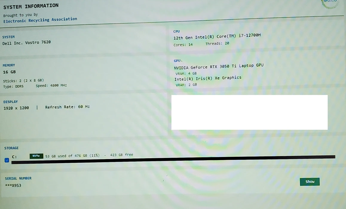 Dell Vostro 7620 16 FHD+ 2.3 GHz i7-12700H 16GB 512GB SSD RTX 3050 Ti