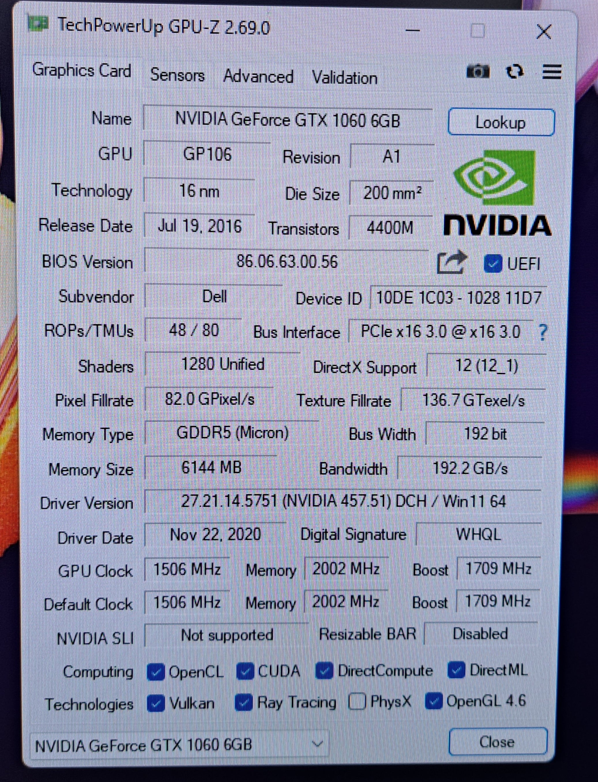 Dell NVIDIA GeForce GTX 1060 6GB GDDR5 Graphics Card (02FNM3) — retail.era