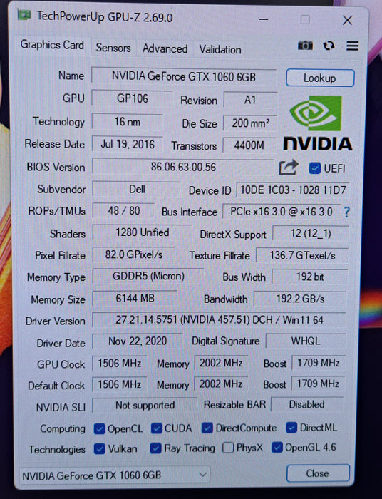 Dell NVIDIA GeForce GTX 1060 6GB GDDR5 Graphics Card (02FNM3)