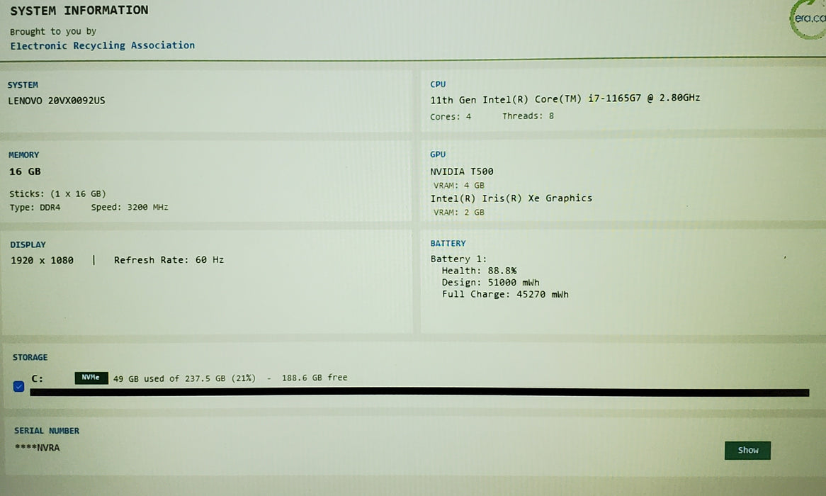Lenovo ThinkPad P14s Gen 2 i7-1165G7 16GB DDR4 T500 256GB NVMe