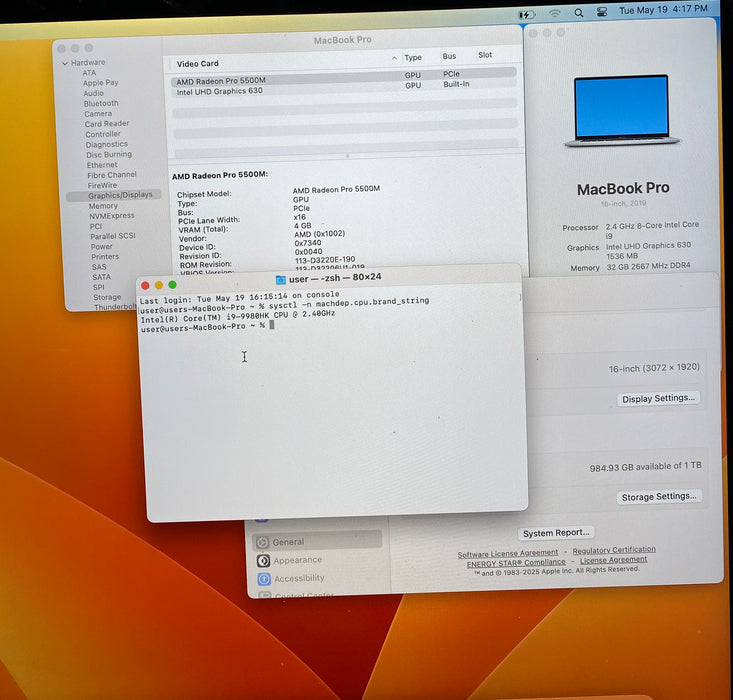 Apple MacBook Pro 16' 2019 i9-9980HK Radeon Pro 5500M GPU 32GB RAM 1TB SSD READ
