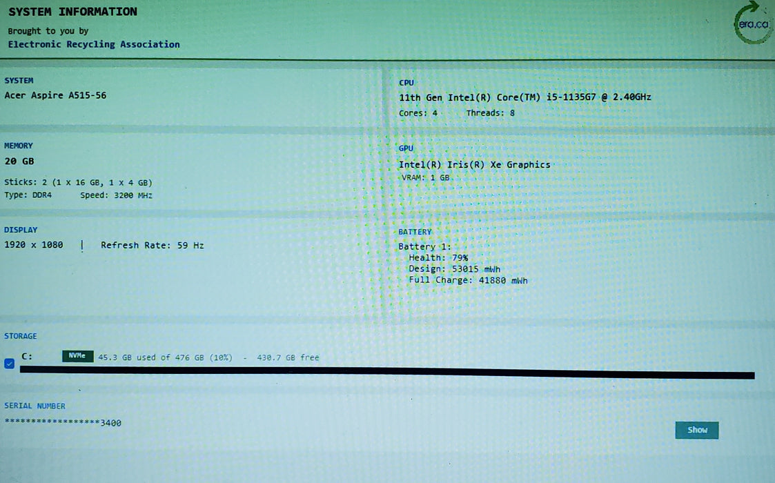 Acer Aspire 5 A515-56 15.6" Intel i5-1135G7 20GB RAM 256GB NVMe