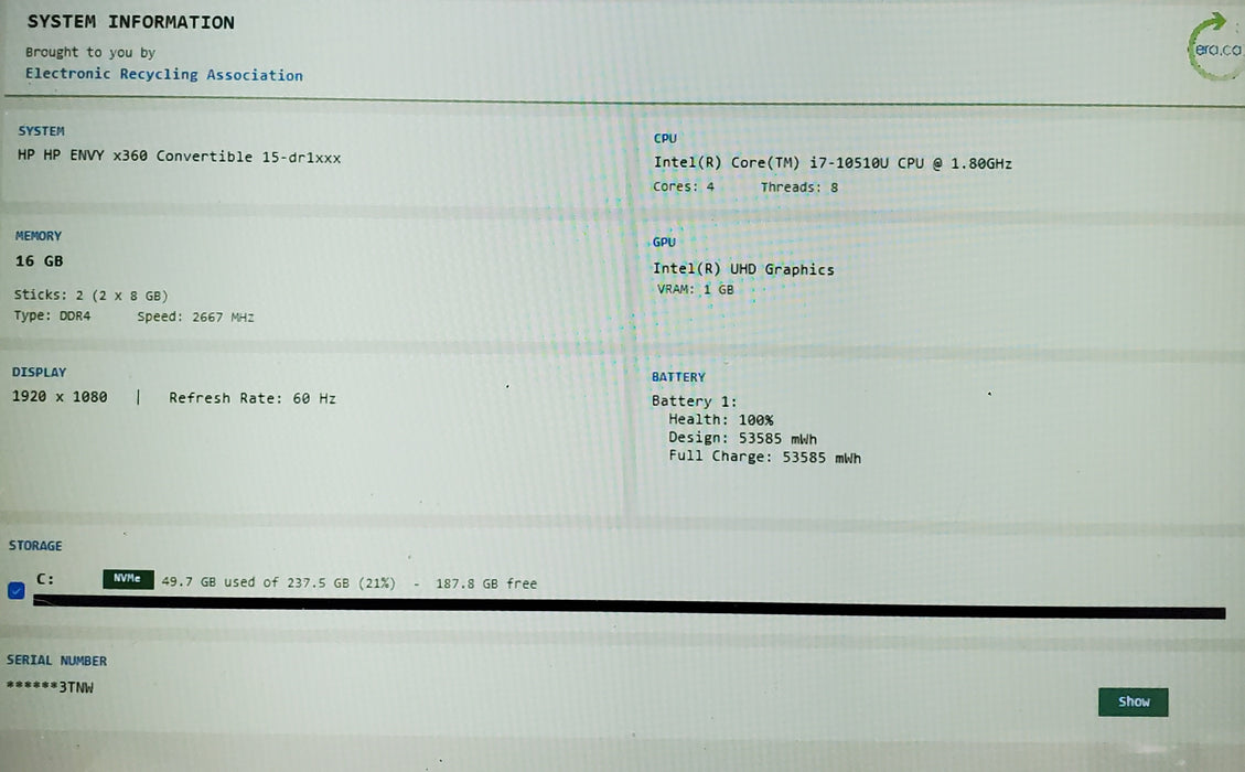 HP ENVY x360 Convertible 15-dr1020ca TOUCH i7-10510U 16GB DDR4 256GB NVME READ
