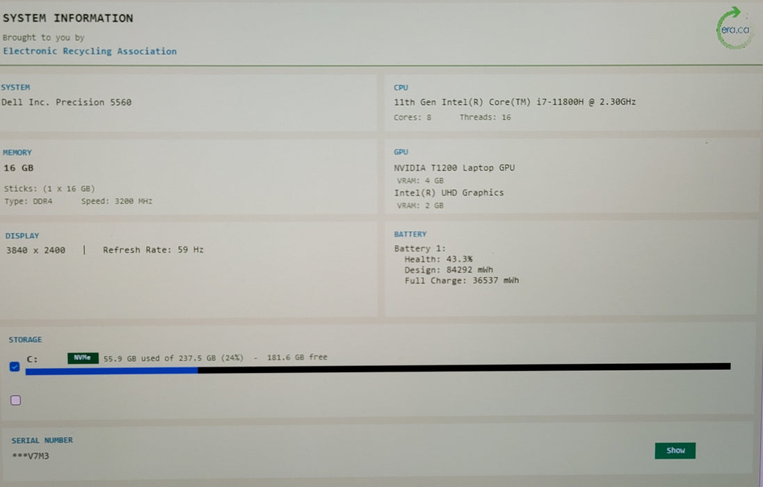Dell Precision 5560 15" i7-11800H 16GB DDR4 NVIDIA 1200 256GB NVMe 4K  READ