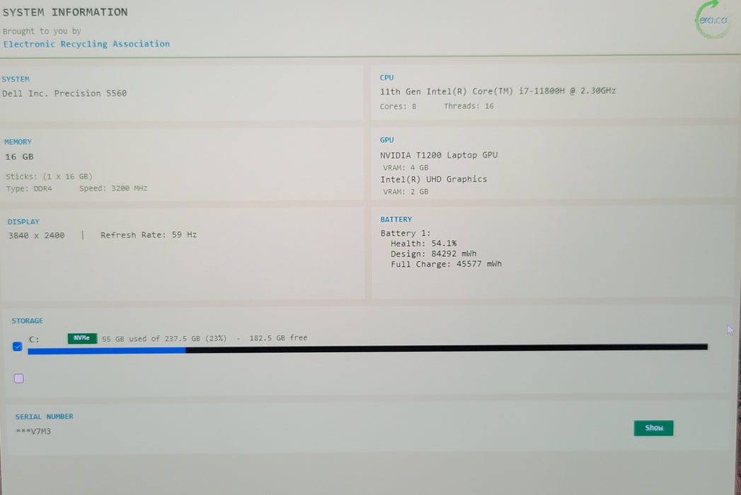 Dell Precision 5560 15" i7-11800H 16GB DDR4 NVIDIA 1200 256GB NVMe 4K READ