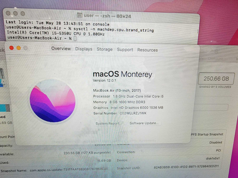 Apple Macbook Air 2017 13\\" 2-Core i5-5350U @ 1.8GHz 8GB DDR3 250GB SSD (