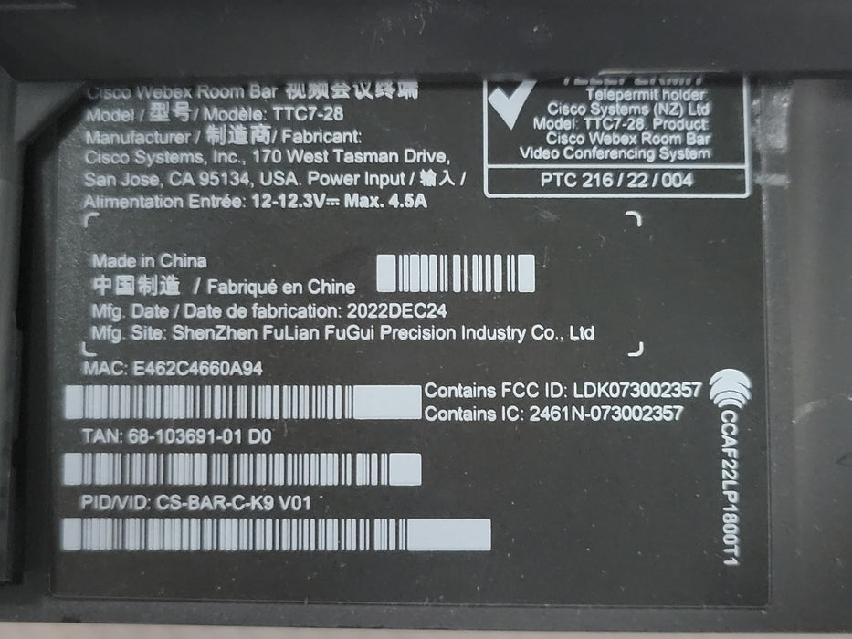 Cisco webex room bar TTC7-28 CS-BAR-C-K9