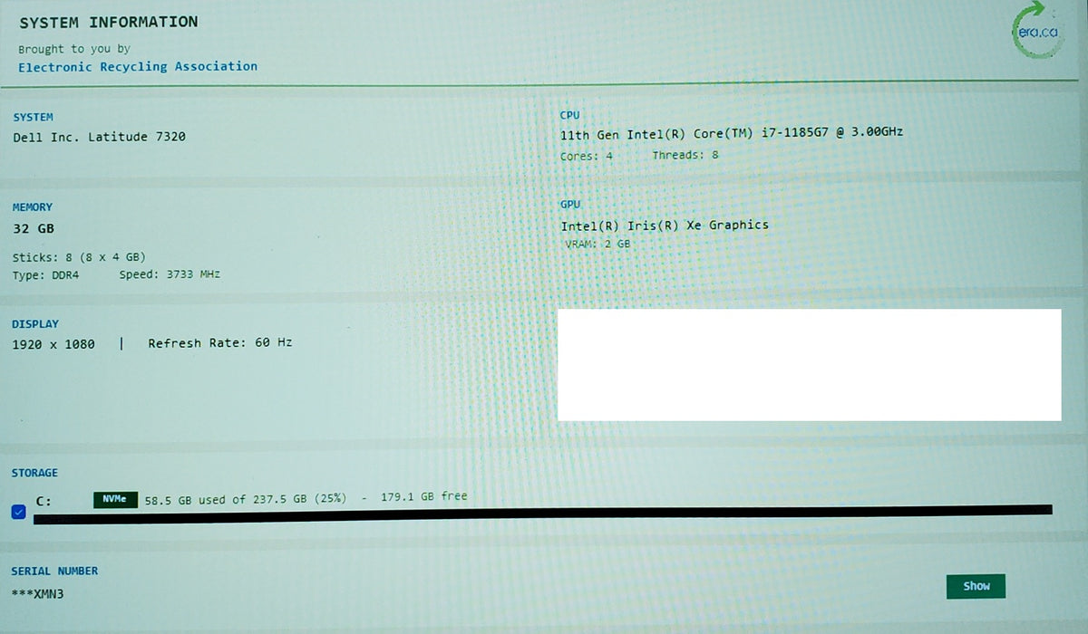 Dell Latitude 7320 Core i7-1185G7@ 2.60GHz vPRO 32GB RAM 256GB SSD Lap200