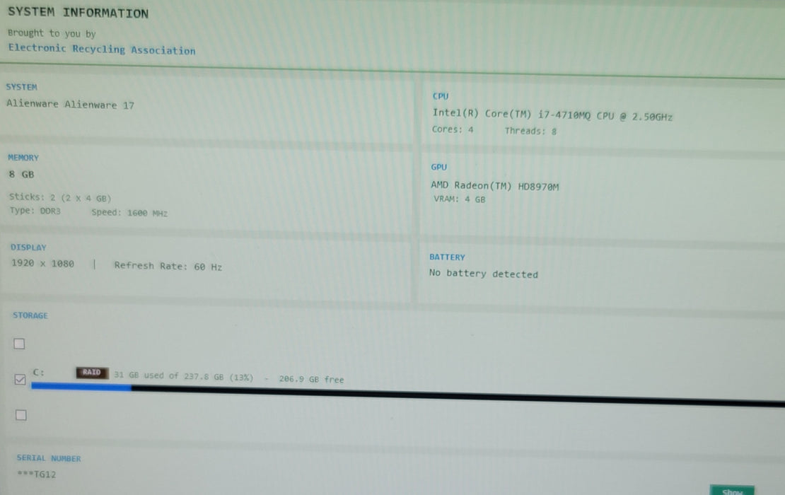 Alienware m17x 17" i7-4710MQ 8GB DDR3 Radeon HD8970M 4GB 256GB SATA SSD NO BAT