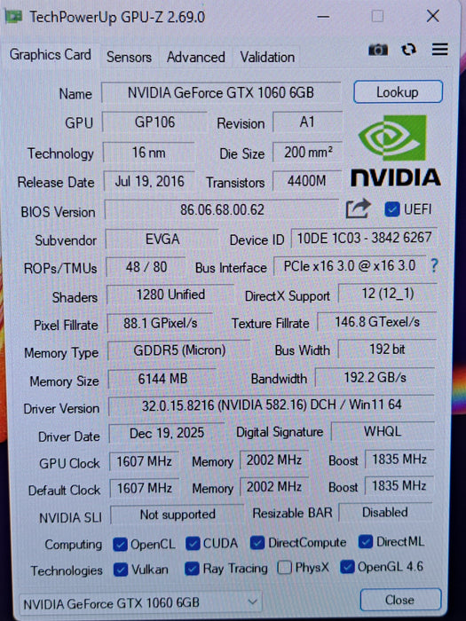 EVGA GeForce GTX 1060 SSC GAMING ACX 3.0 6GB GDDR5 Graphics Card 06G-P4-6267-KR