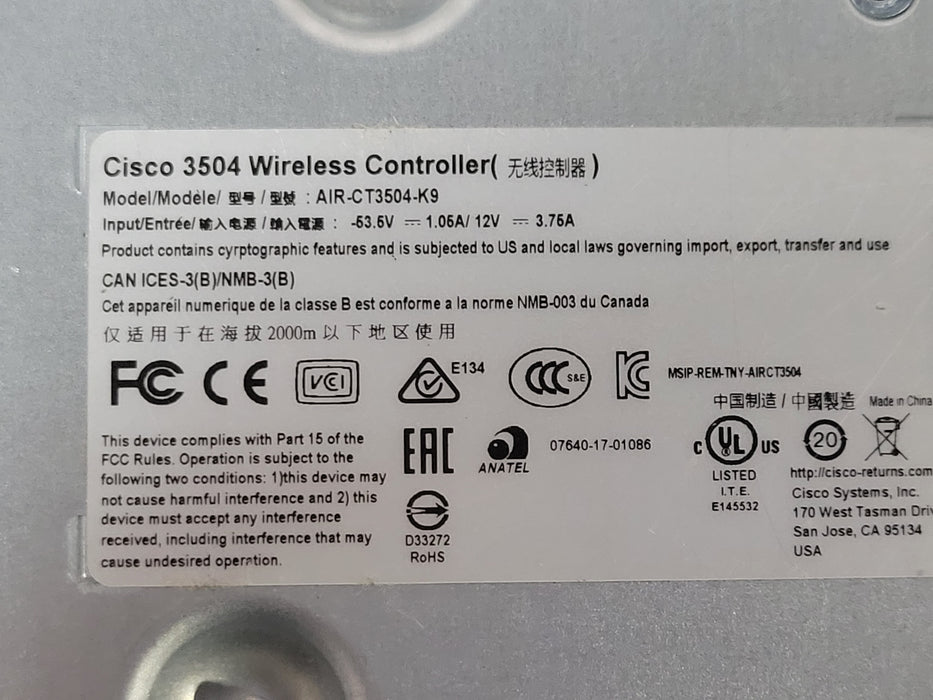 Cisco AIR-CT3504-K9 Wireless LAN Controller 3504, No AC adapter, READ