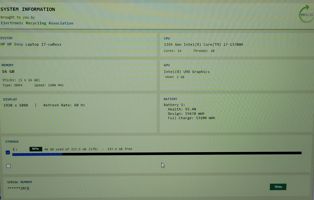 HP Envy Laptop 17-cw0xxx i7-13700H 16GB DDR4 256GB NVMe