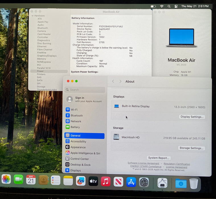 Apple MacBook Air 13" M1 2020 16GB RAM 256GB SSD No Power Adapter READ