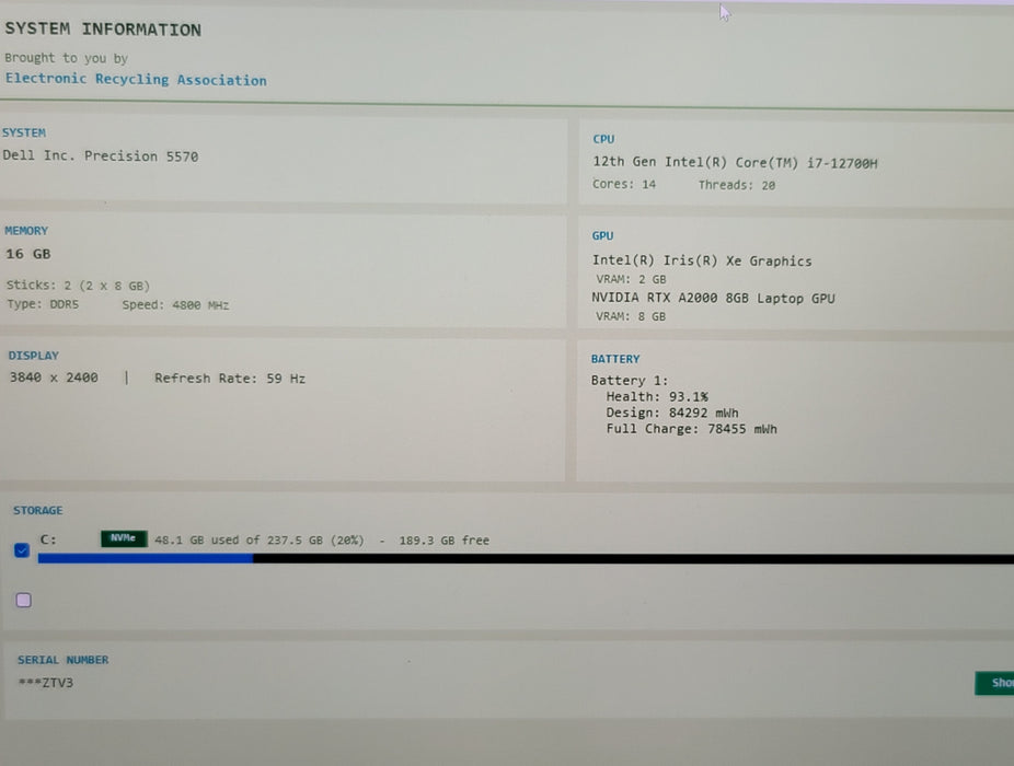Dell Precision 5570 15" i7-12700H 16GB DDR5 RTX 8GB A2000 256GB NVMe 4K TOUCH