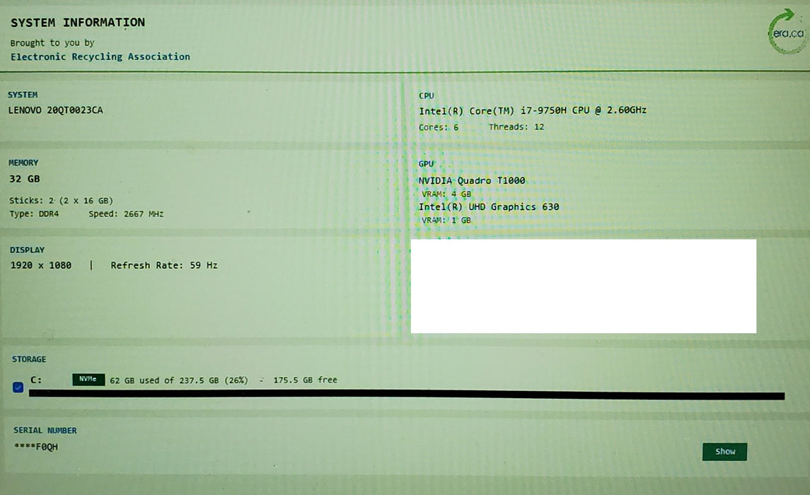 Lenovo ThinkPad P1 Gen 2 i7-9750H 32GB DDR4 Quadro T1000 256GB SSD READ