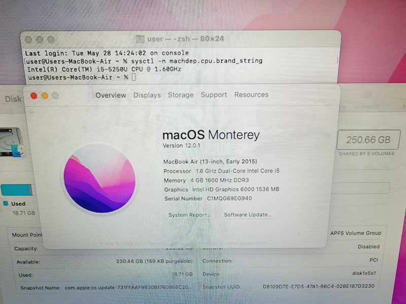 Apple Macbook Air 2015 13\\" 2-Core 5250U @ 1.6GHz 4GB DDR3 250GB SSD (