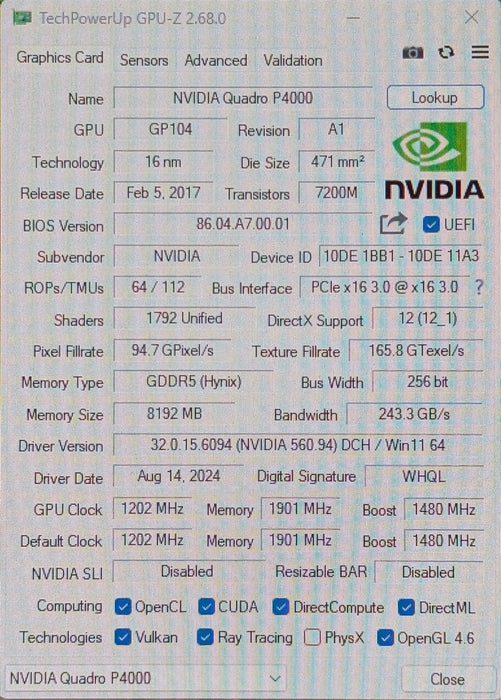 Dell NVIDIA Quadro P4000 8GB GDDR5 PCIe Graphics Card