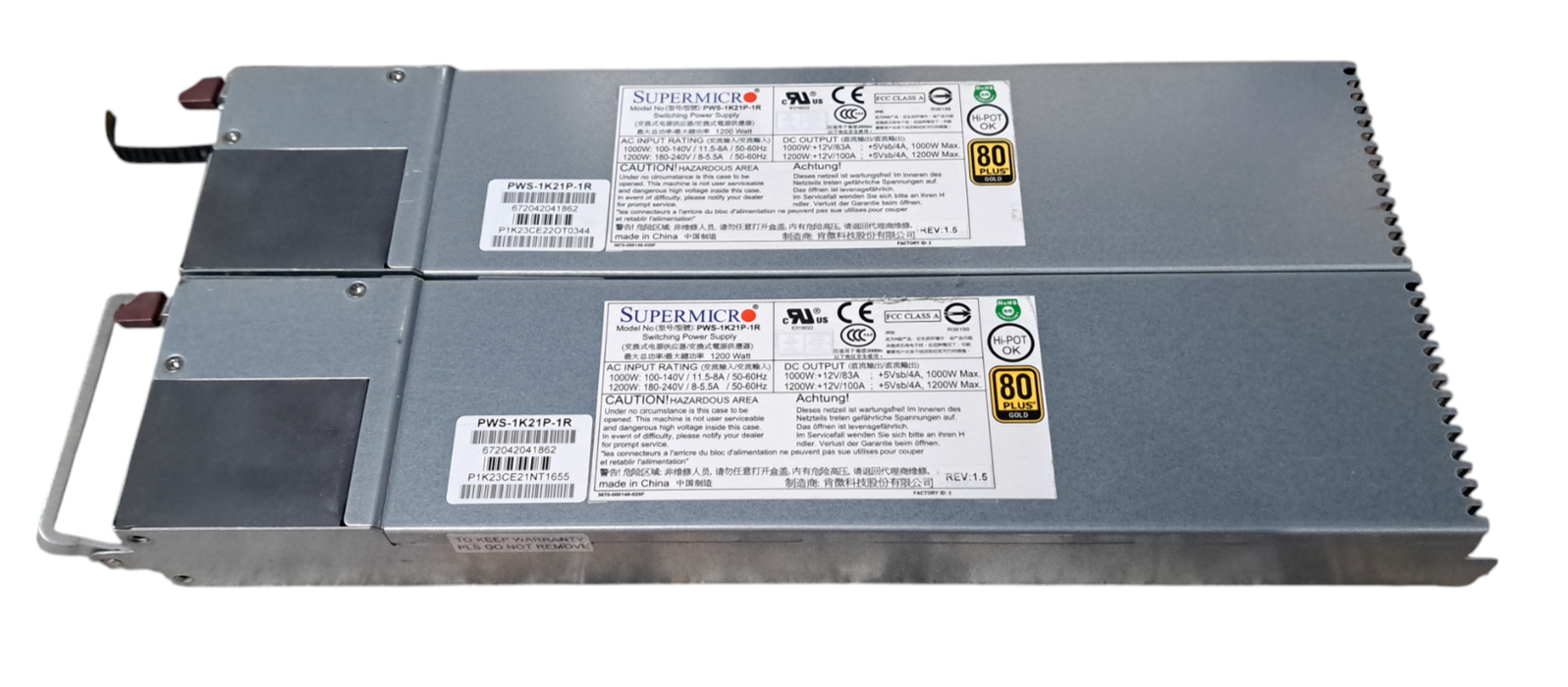 Lot of 2x Supermicro PWS-1K21P-1R 1200W 1U Redundant Power Supply