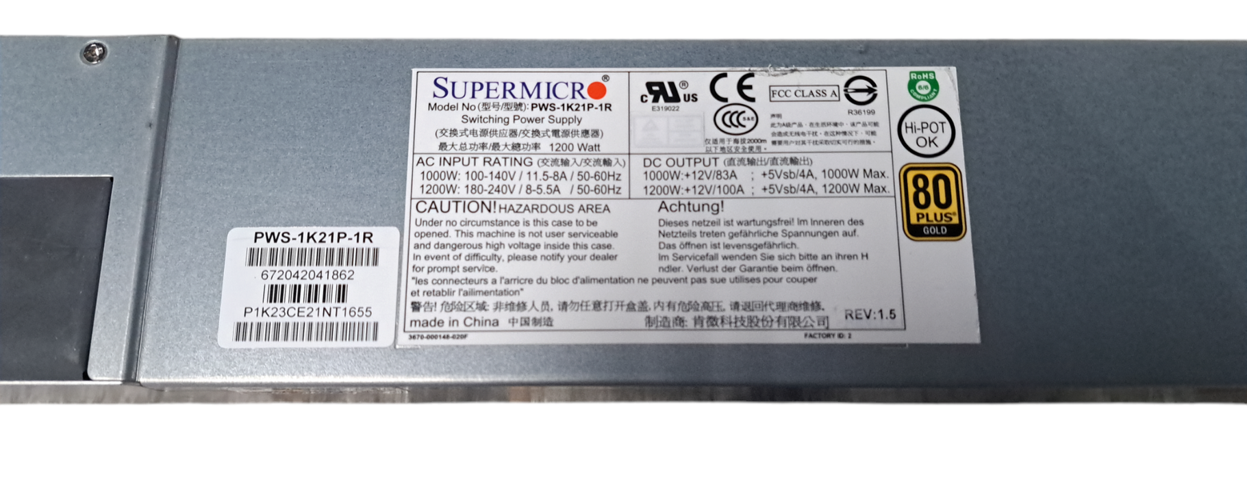 Lot of 2x Supermicro PWS-1K21P-1R 1200W 1U Redundant Power Supply