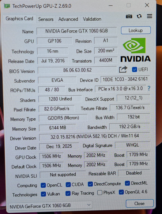 EVGA GeForce GTX 1060 6GB GDDR5 Graphics Card 06G-P4-6161-KR