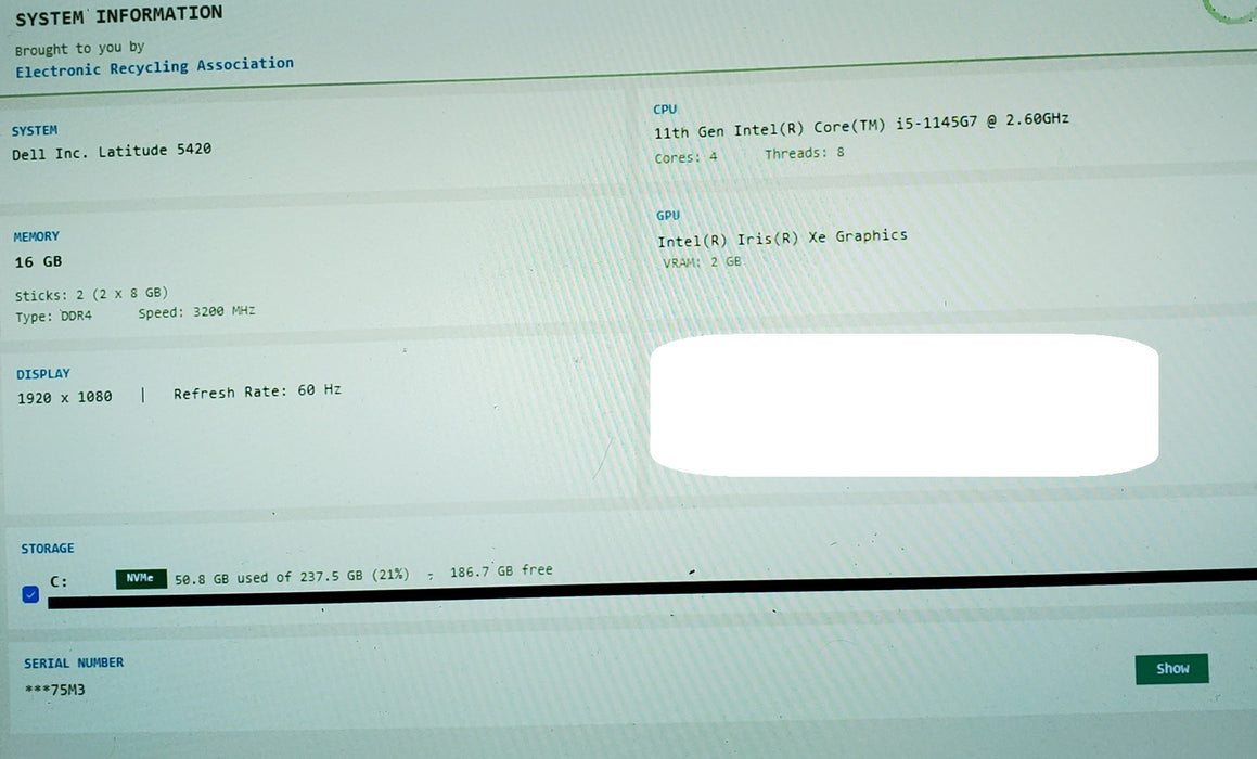 Dell Latitude 5420 i5-1145G7 16GB 256GB SSD READ