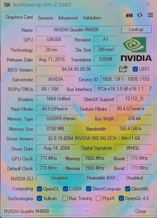 NVIDIA Quadro M4000 8GB GDDR5 PCIe 4x DisplayPort Video Card