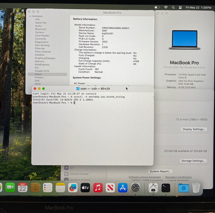 Apple MacBook Pro 13" 2020 i5-8257U 8GB 256GB SSD No Power Adapter READ!