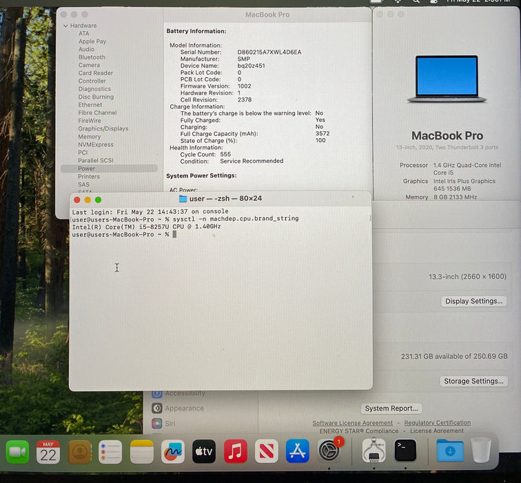 Apple MacBook Pro 13" 2020 i5-8257U 8GB RAM 256GB SSD No Power Adapter READ!
